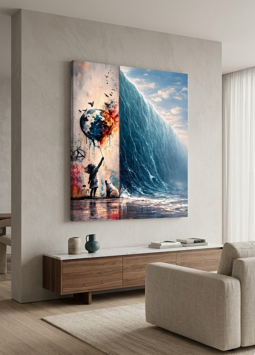 Tableau street art mural avec vague océan géante décor contemporain
