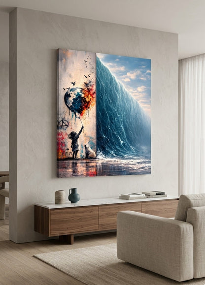 Tableau street art mural avec vague océan géante décor contemporain
