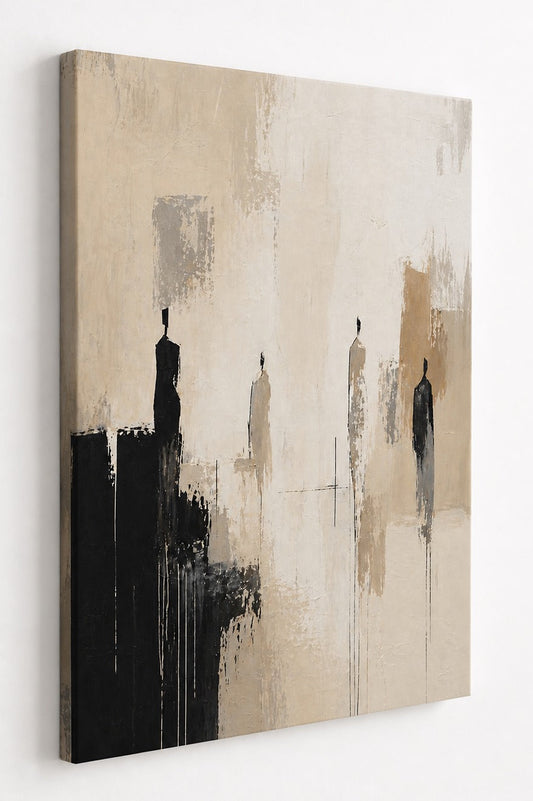 Peinture figurative contemporaine avec textures de matière et effets de coulures dans un style épuré
