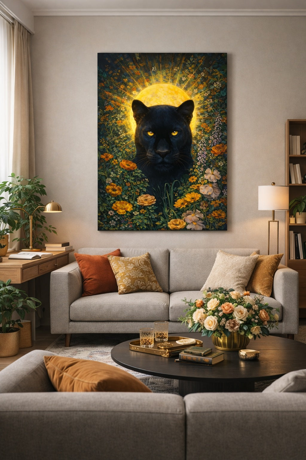 Panthère noire artistique installée dans un salon design, ambiance nature chic et contemporaine.
