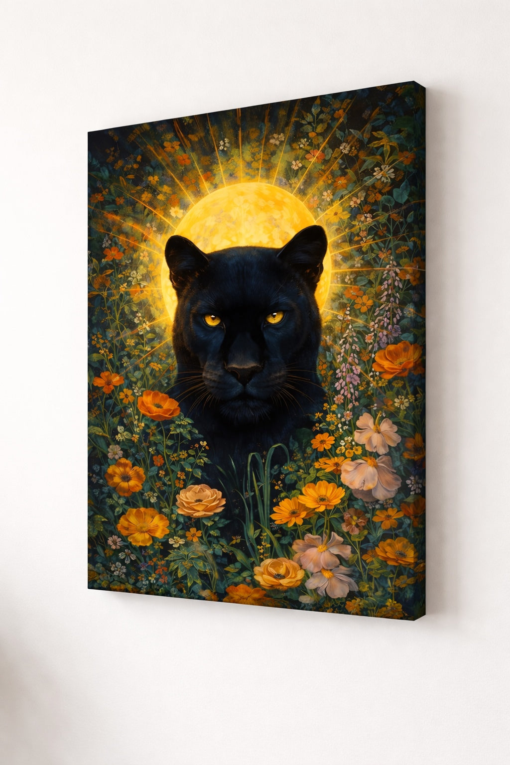 Détail du regard intense de la panthère noire avec halo solaire et fleurs sauvages colorées.
