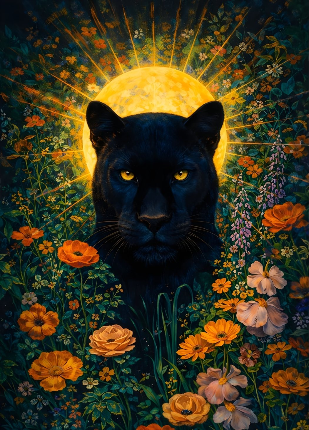 Panthère noire au regard doré devant un soleil lumineux entourée de fleurs dans un style contemporain.
