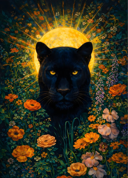 Panthère noire au regard doré devant un soleil lumineux entourée de fleurs dans un style contemporain.

