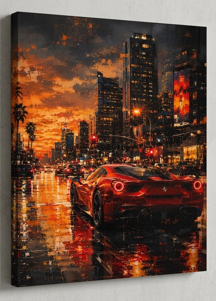 Vue arrière d’une supercar italienne rouge dans une grande avenue illuminée avec gratte-ciel, circulation et reflets orange
