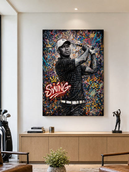 Tableau Tiger Woods pop art en mise en situation intérieure
