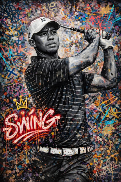 Portrait Tiger Woods pop art street art en vue de face
