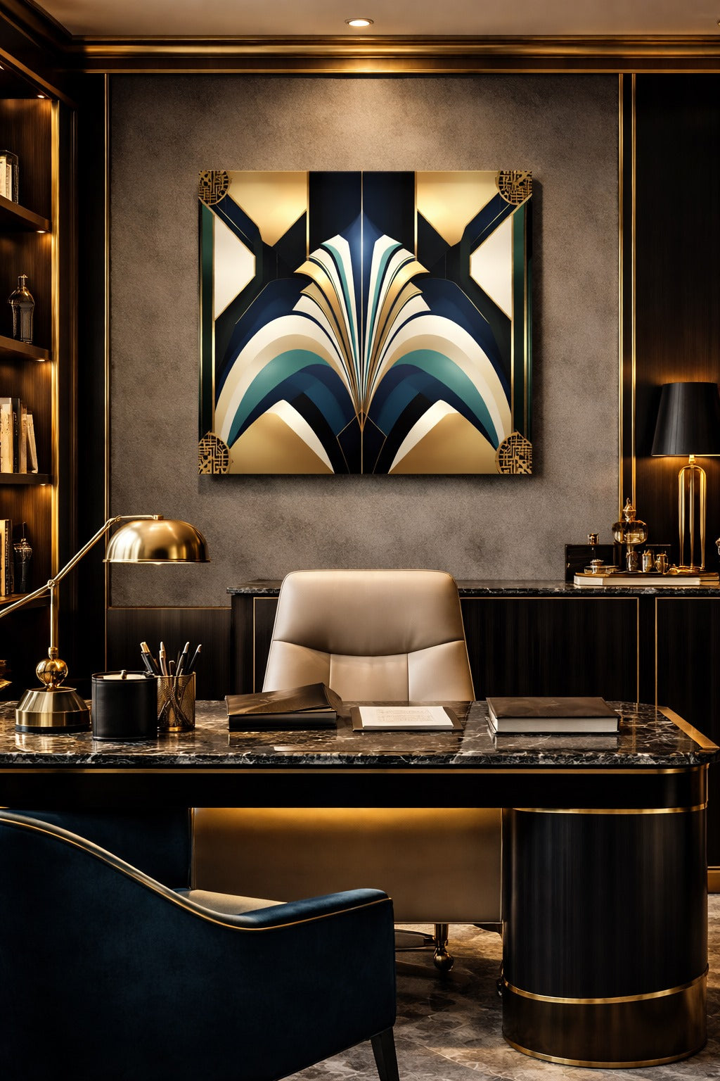 Tableau abstrait art déco en situation décorative
