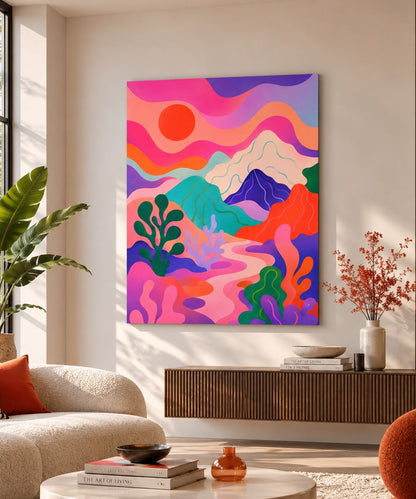 Tableau Vallée Psychédélique sur toile accroché au mur d'un salon moderne
