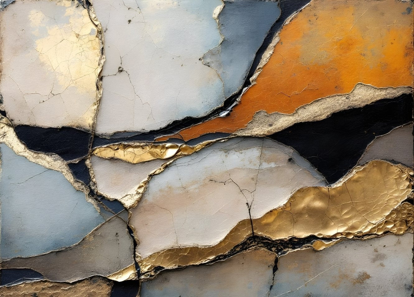 Tableau abstrait avec fissures et textures minérales, parfait pour une décoration murale moderne et élégante.
