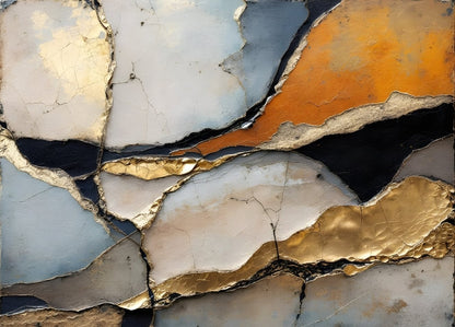 Tableau abstrait avec fissures et textures minérales, parfait pour une décoration murale moderne et élégante.
