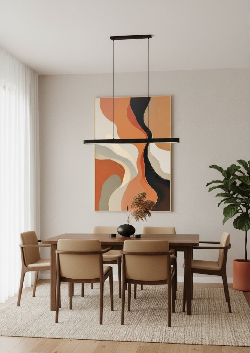 Détail des textures et lignes fluides d’un tableau abstrait contemporain calme
