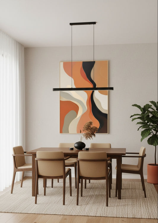 Détail des textures et lignes fluides d’un tableau abstrait contemporain calme
