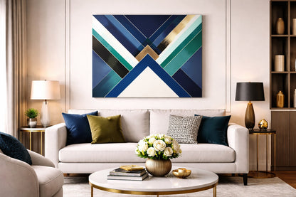 Tableau abstrait art déco bleu et or en situation intérieure
