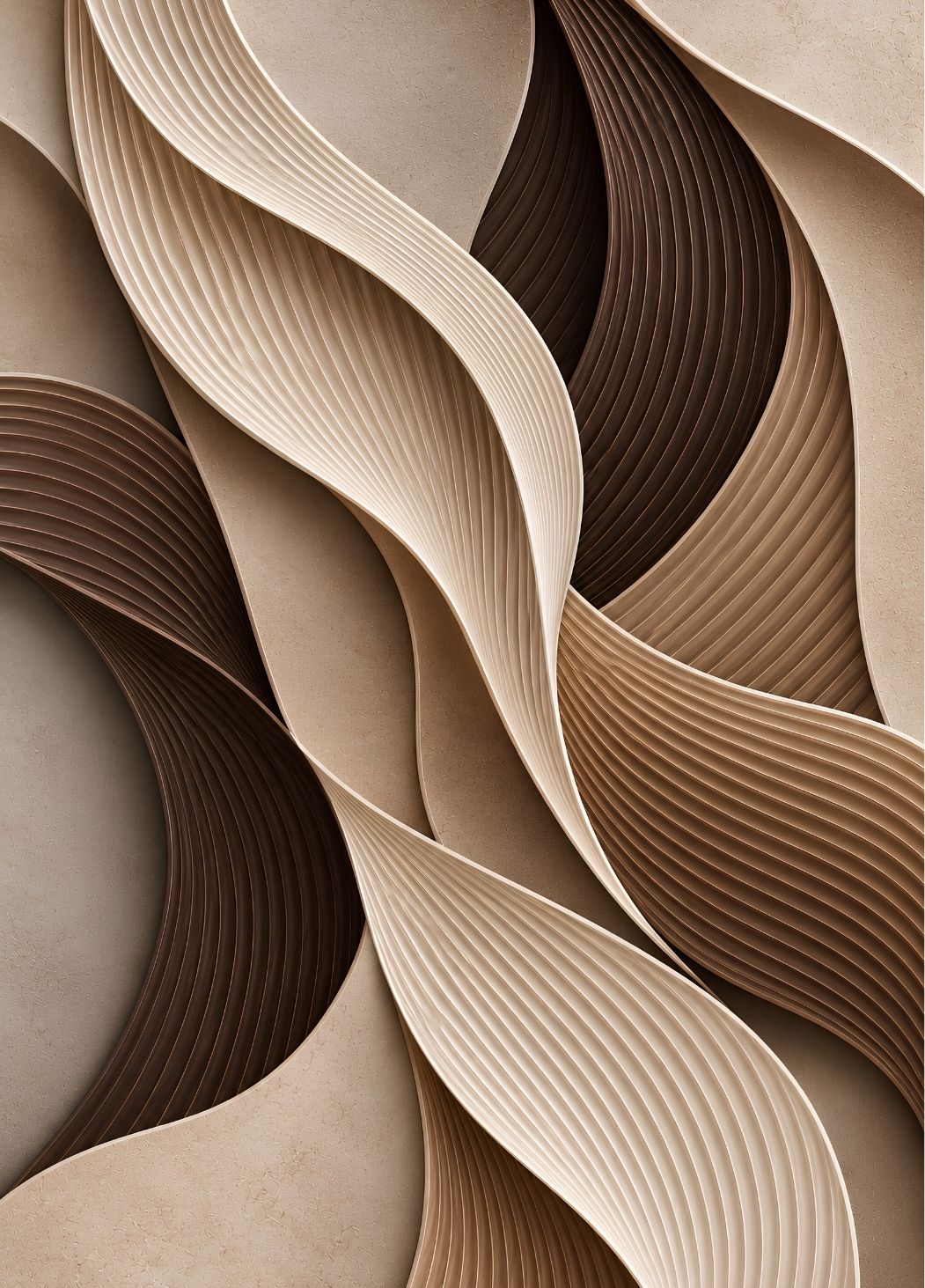 Tableau abstrait beige et chocolat Ondes aux courbes graphiques en relief
