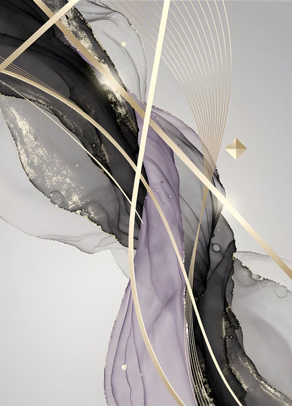 Tableau abstrait beige noir et violet avec lignes dorées et composition contemporaine élégante
