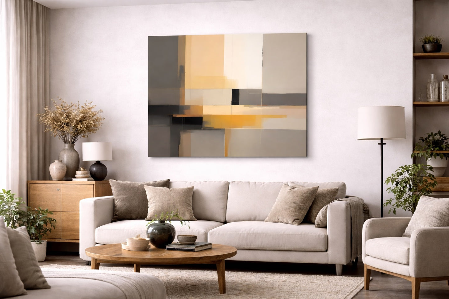 Tableau abstrait beige et ocre accroché dans salon contemporain décoration murale design minimaliste
