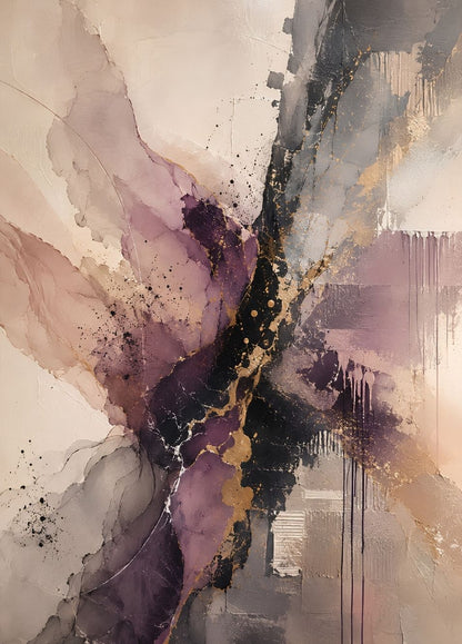Tableau abstrait beige et prune Éclat Minéral avec touches noires et dorées
