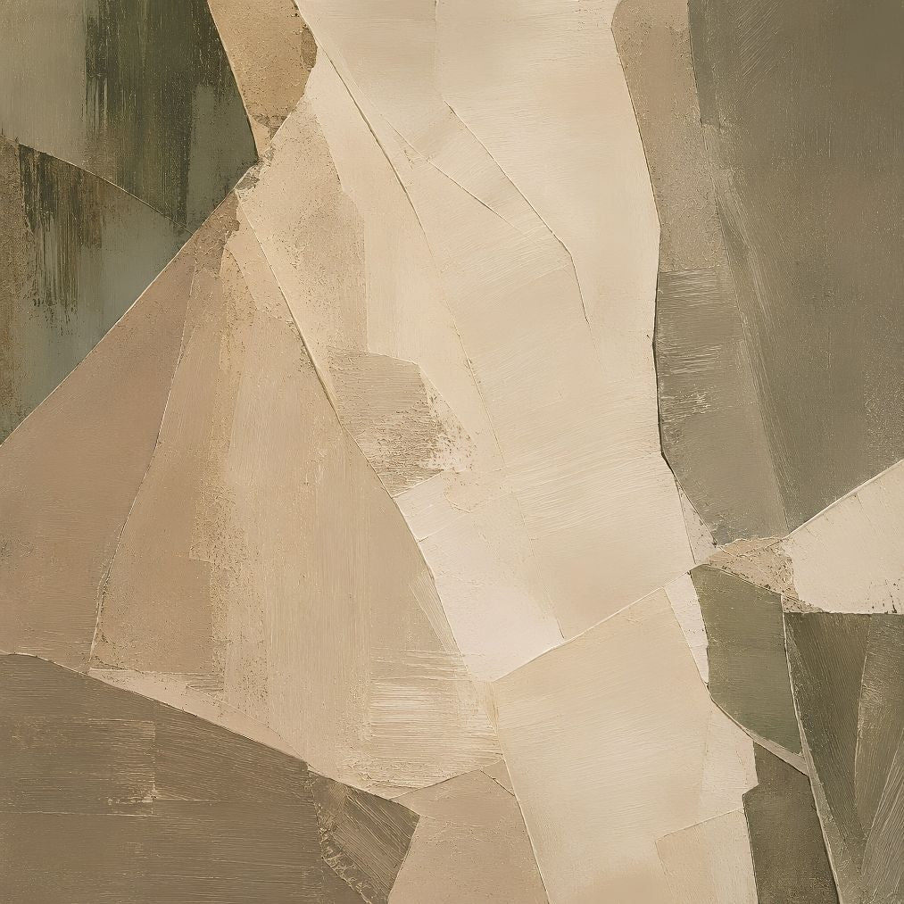 Tableau abstrait beige Strates aux formes minérales et effets de matière
