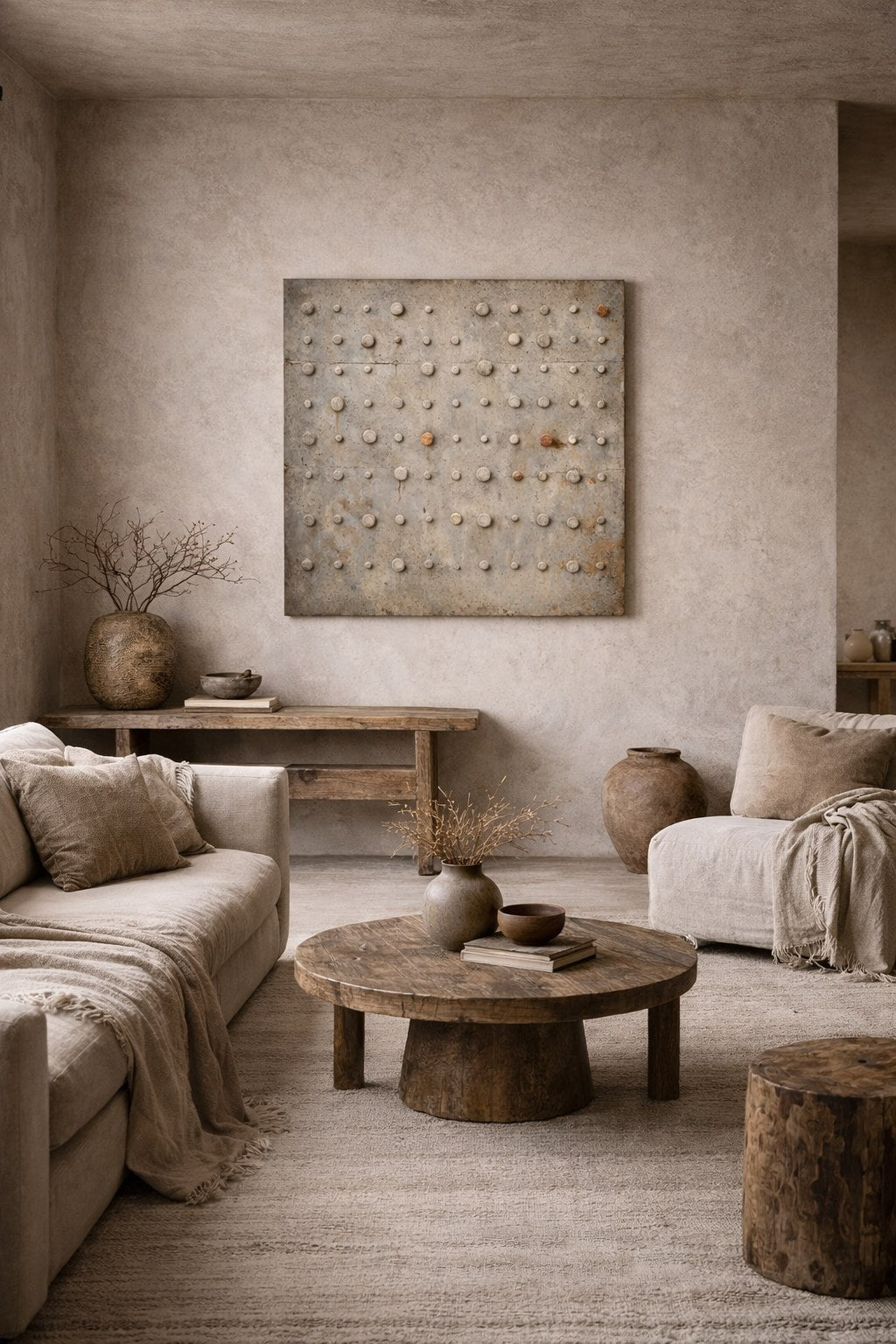 Tableau abstrait béton contemporain dans décoration loft design minimaliste
