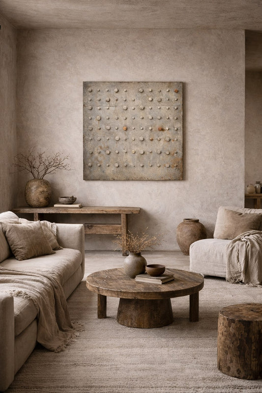 Tableau abstrait béton contemporain dans décoration loft design minimaliste
