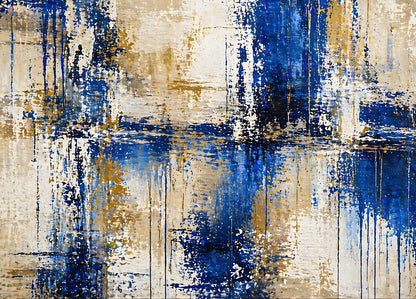 Tableau abstrait bleu et beige avec textures contemporaines et peinture moderne élégante
