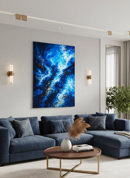 Art mural moderne bleu et or pour intérieur design raffiné
