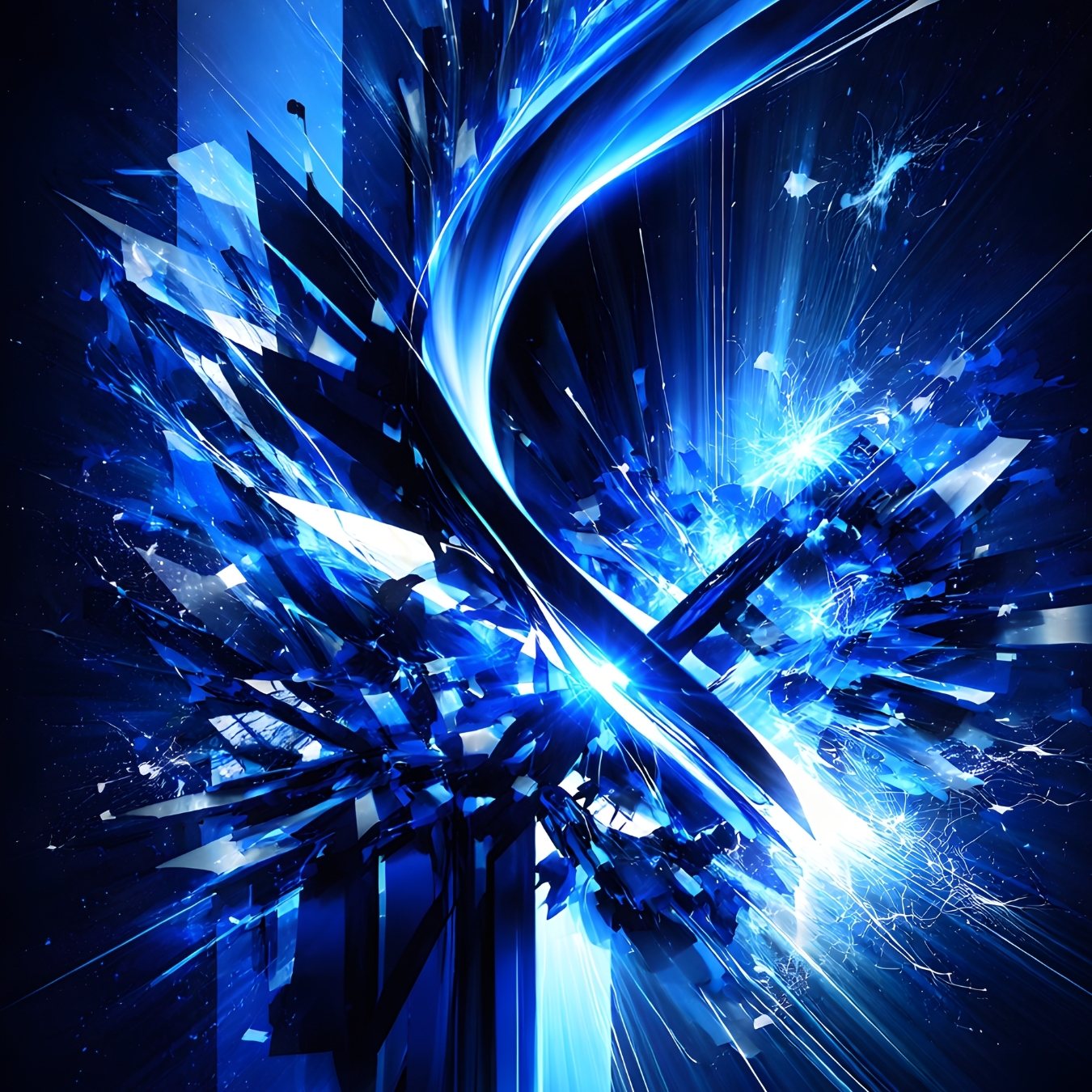 Tableau abstrait contemporain bleu électrique avec éclats lumineux dynamiques
