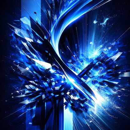 Tableau abstrait contemporain bleu électrique avec éclats lumineux dynamiques
