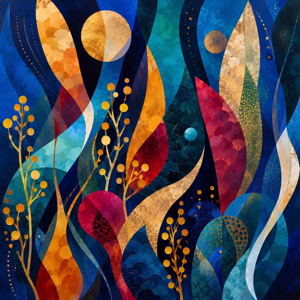 Composition abstraite végétale mêlant bleu profond, touches dorées et formes organiques contemporaines
