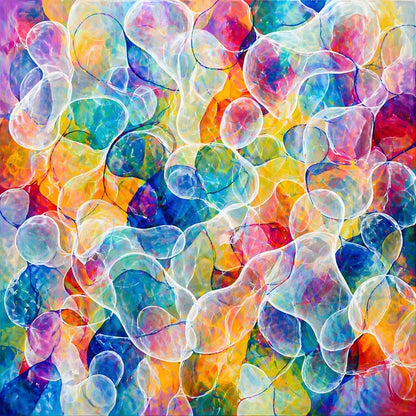 Tableau abstrait moderne avec bulles translucides et couleurs vibrantes contemporaines
