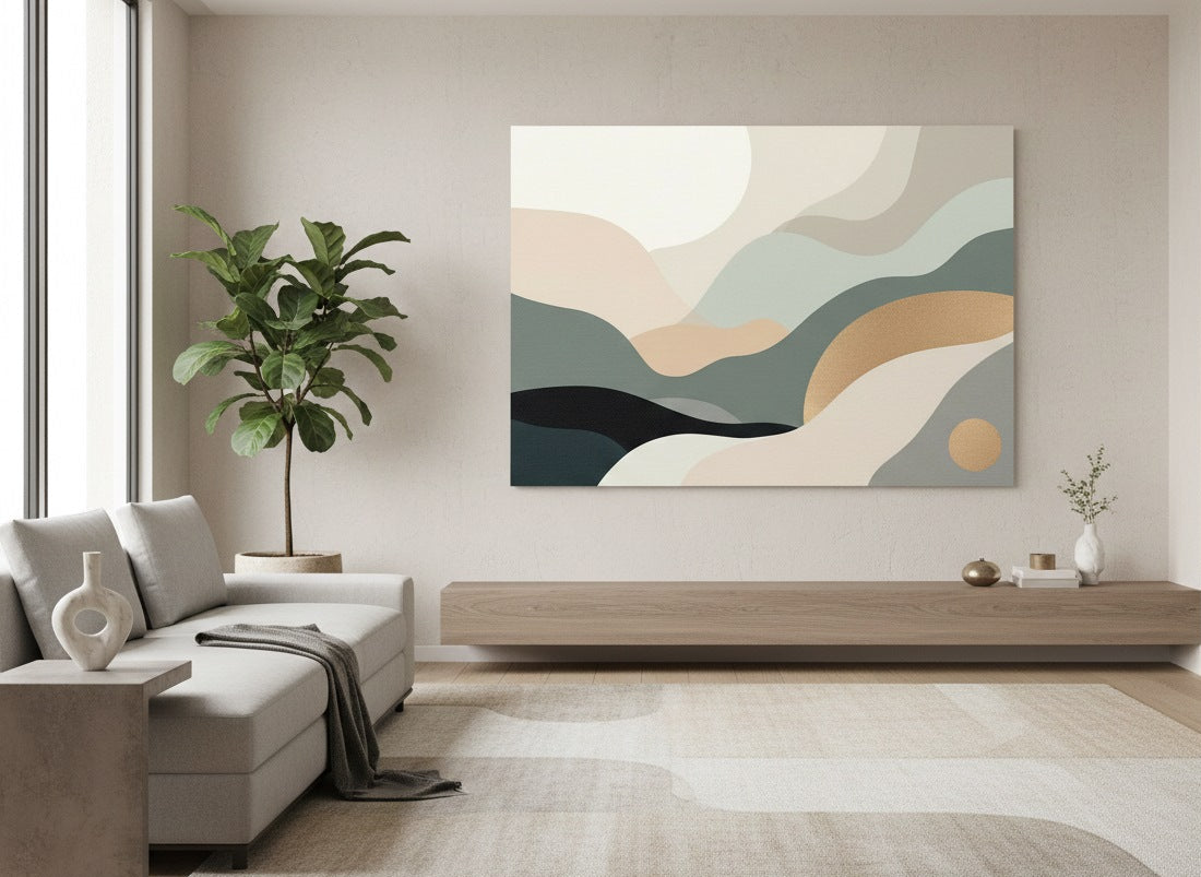 Tableau abstrait calme et contemplation en situation intérieure
