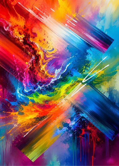 Grand tableau abstrait contemporain aux couleurs éclatantes avec mouvements dynamiques et composition artistique moderne fabriquée en France
