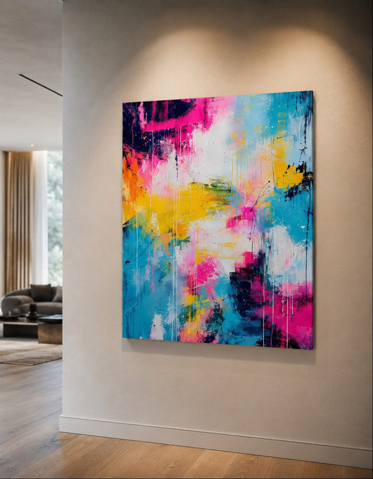Tableau abstrait coloré rose bleu et jaune installé dans un intérieur contemporain lumineux aux lignes épurées
