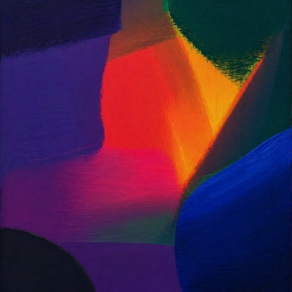 Tableau abstrait coloré moderne avec formes lumineuses et composition contemporaine élégante
