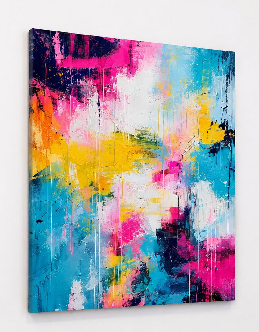 Tableau abstrait coloré vu de profil sur son support, avec composition rose, bleu, jaune et détails graphiques contemporains
