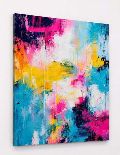 Tableau abstrait coloré vu de profil sur son support, avec composition rose, bleu, jaune et détails graphiques contemporains

