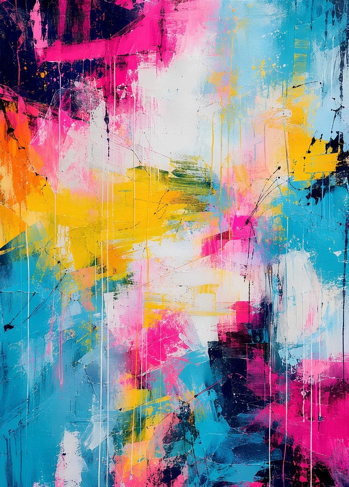 Tableau abstrait coloré rose fuchsia, bleu turquoise et jaune avec effets de matière, coulures et gestes graphiques contemporains
