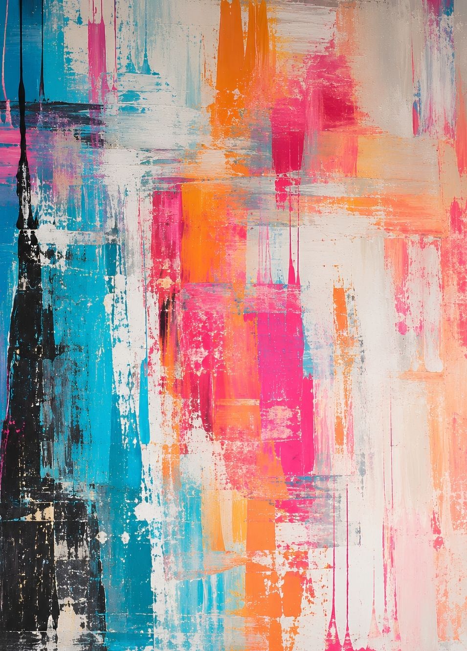 Tableau abstrait coloré rose bleu et orange aux larges touches de peinture
