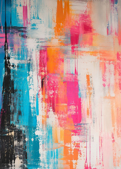 Tableau abstrait coloré rose bleu et orange aux larges touches de peinture
