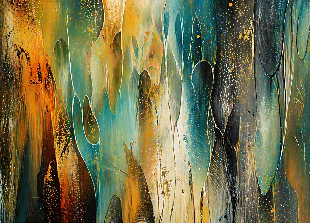 Composition abstraite contemporaine aux nuances de bleu turquoise et ocre doré
