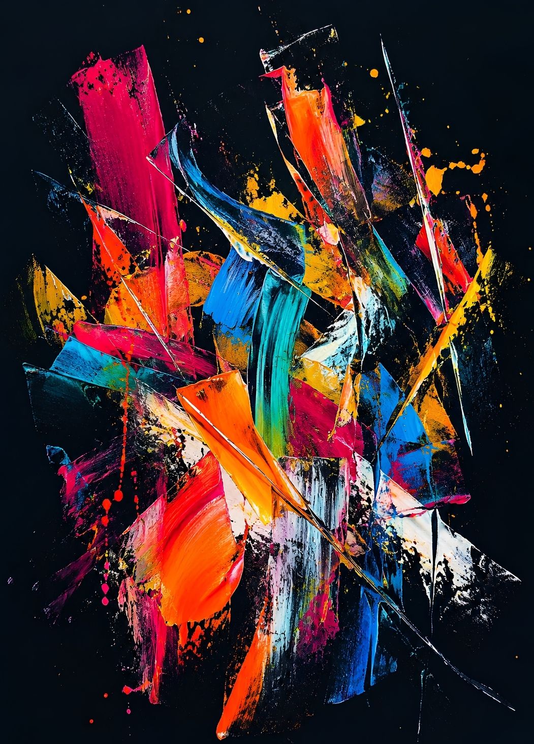 Tableau abstrait contemporain coloré avec composition géométrique et peinture expressive
