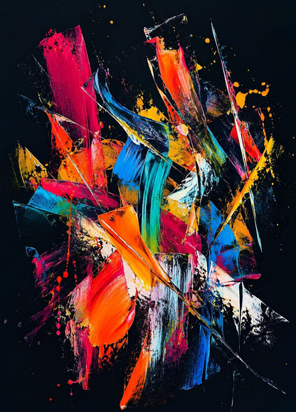 Tableau abstrait contemporain coloré avec composition géométrique et peinture expressive
