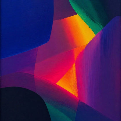 Tableau abstrait contemporain coloré avec formes lumineuses et composition moderne élégante
