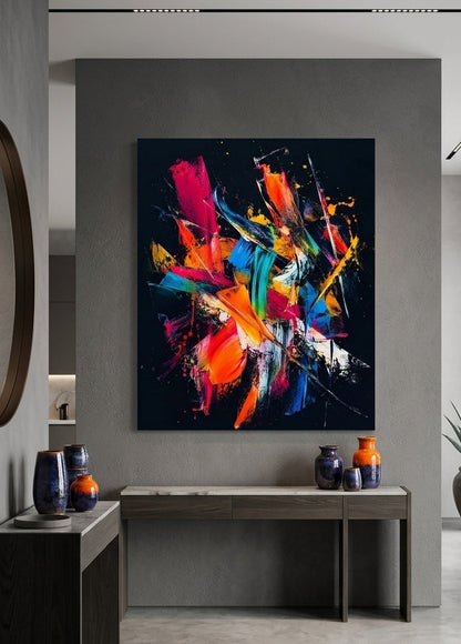 Tableau abstrait contemporain dans une décoration de salon moderne
