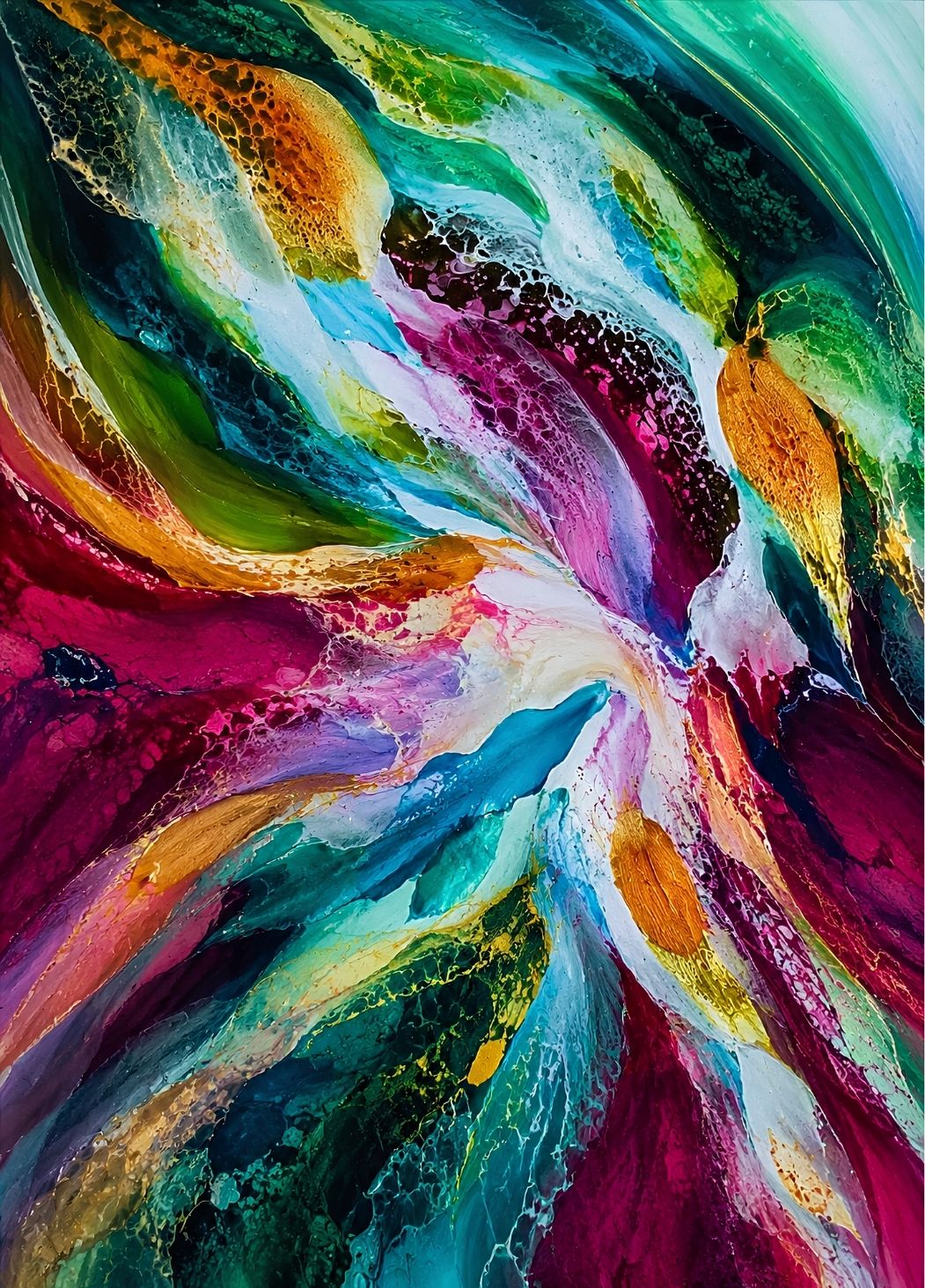 Tableau abstrait contemporain coloré aux effets de peinture fluide et textures modernes.

