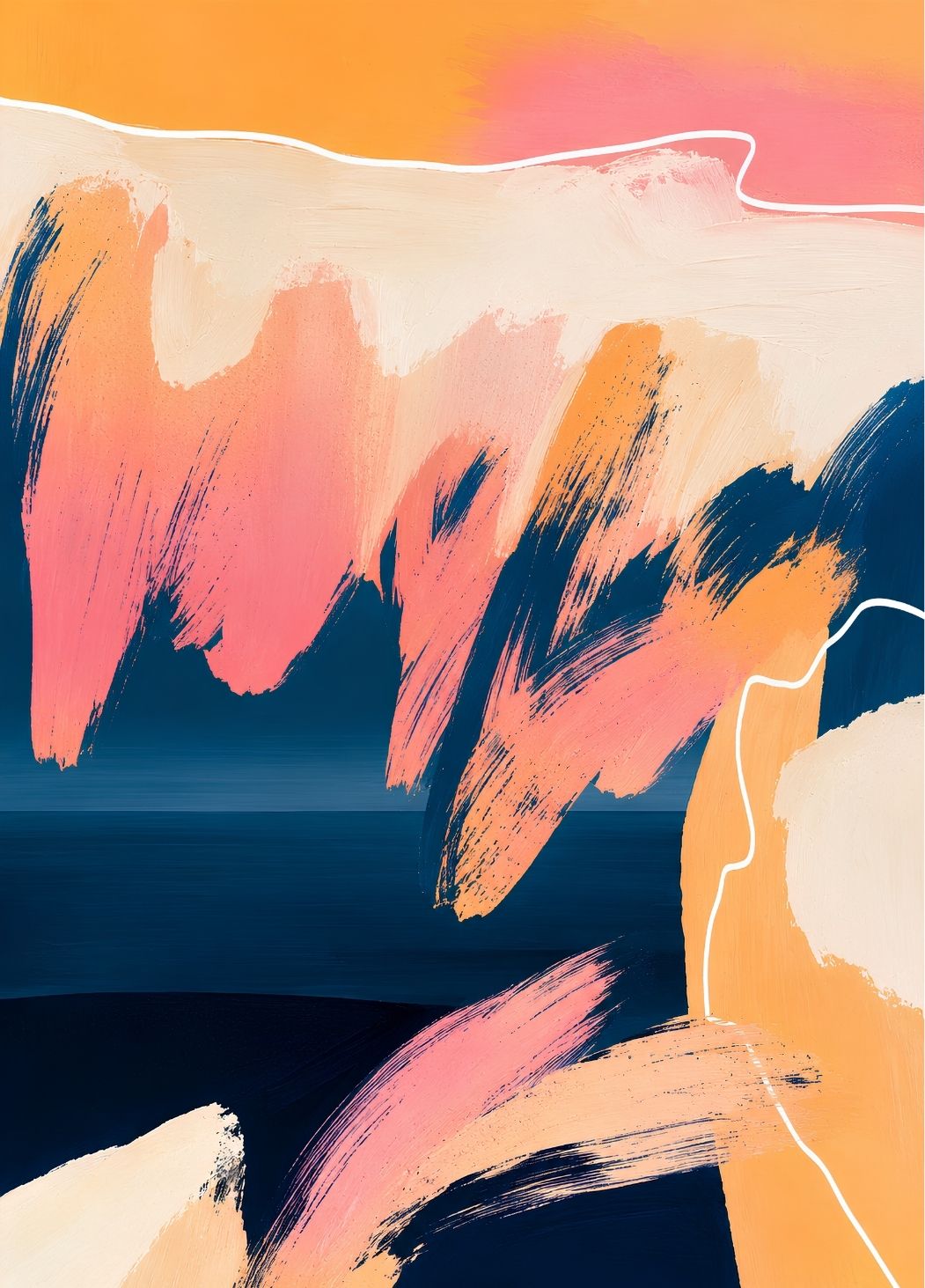 Tableau abstrait contemporain rose et bleu avec grands gestes picturaux et composition moderne élégante
