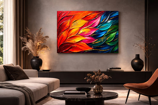 Tableau abstrait coloré dans salon moderne décoration murale design
