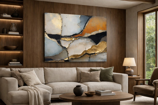 Tableau mural abstrait texturé avec nuances naturelles et dorées pour décoration intérieure moderne et structurée.
