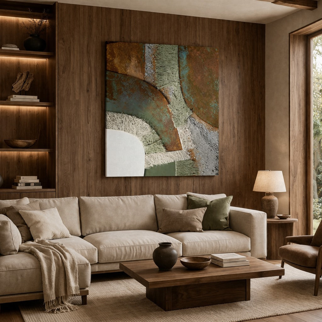 Tableau abstrait moderne avec textures minérales et fibres naturelles pour une décoration murale contemporaine raffinée.
