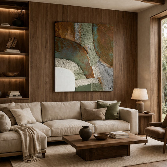 Tableau abstrait moderne avec textures minérales et fibres naturelles pour une décoration murale contemporaine raffinée.
